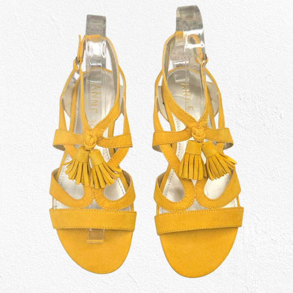 Anne Klein Noreen Golden Yellow Suede Tassel Flat Sandals Boho Chic Size 6 - Picture 7 of 15